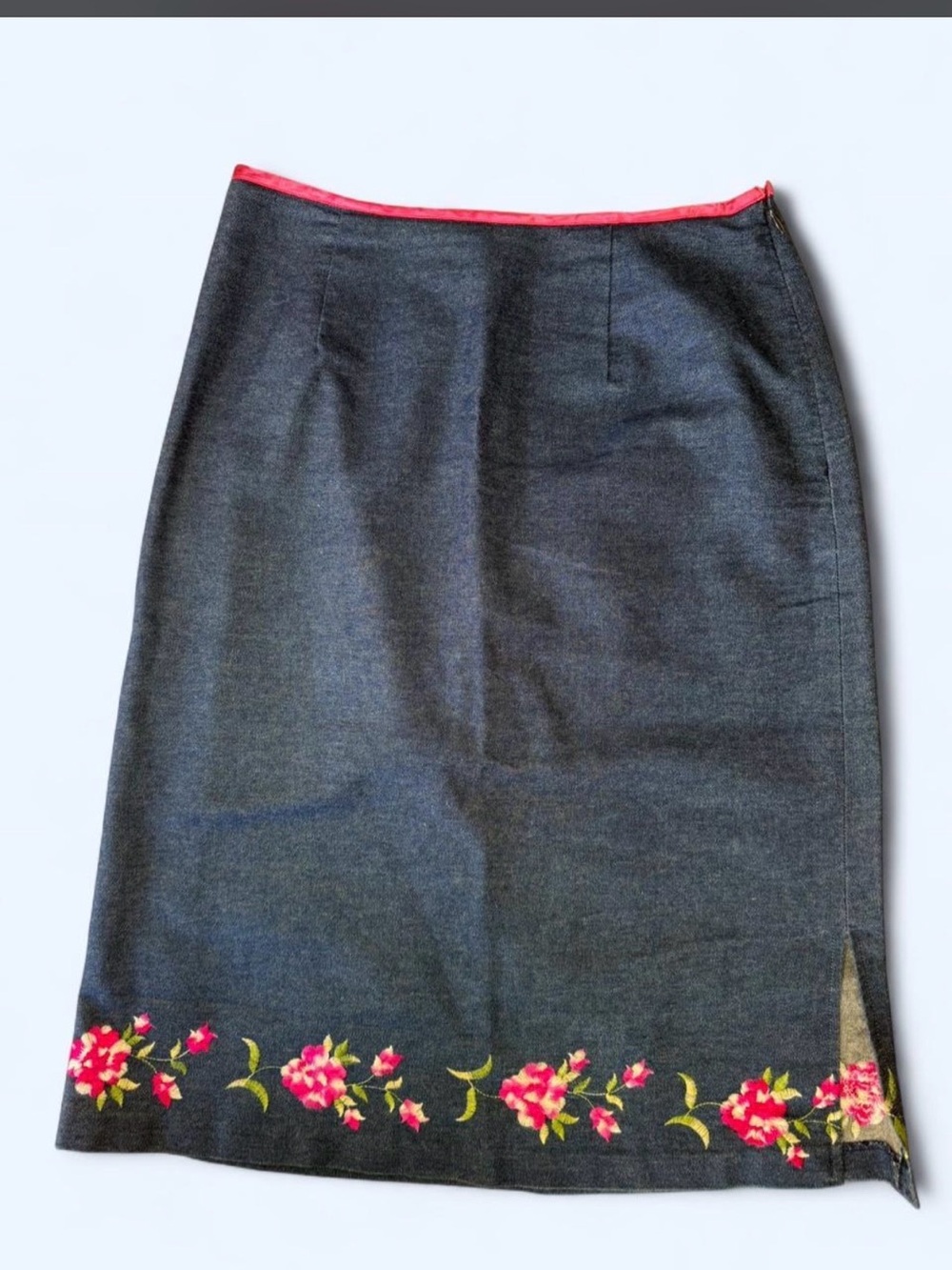 Charcoal Pencil Skirt with Pink Floral Trim